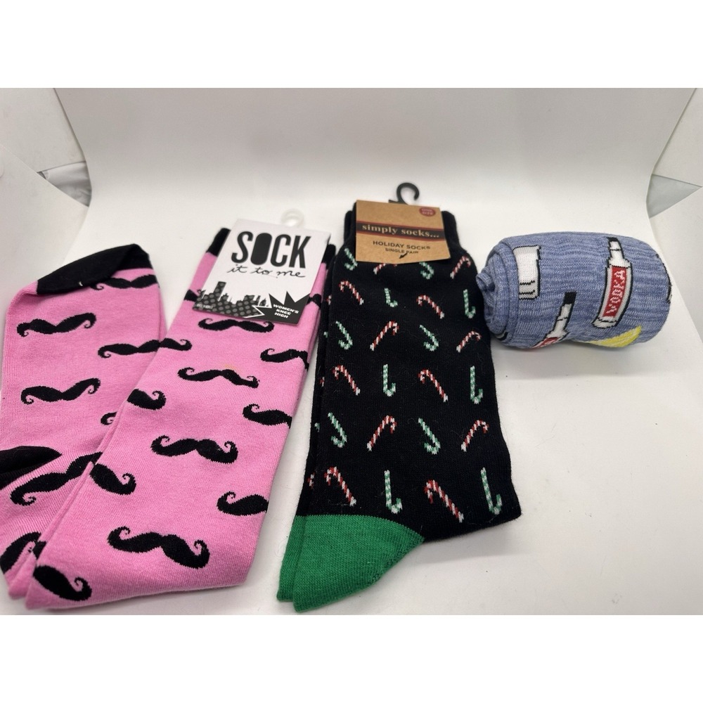 Novelty Socks Lot Mustache Candy Cane Vodka Shots Lemon‎ Fun Crew Ankle Socks